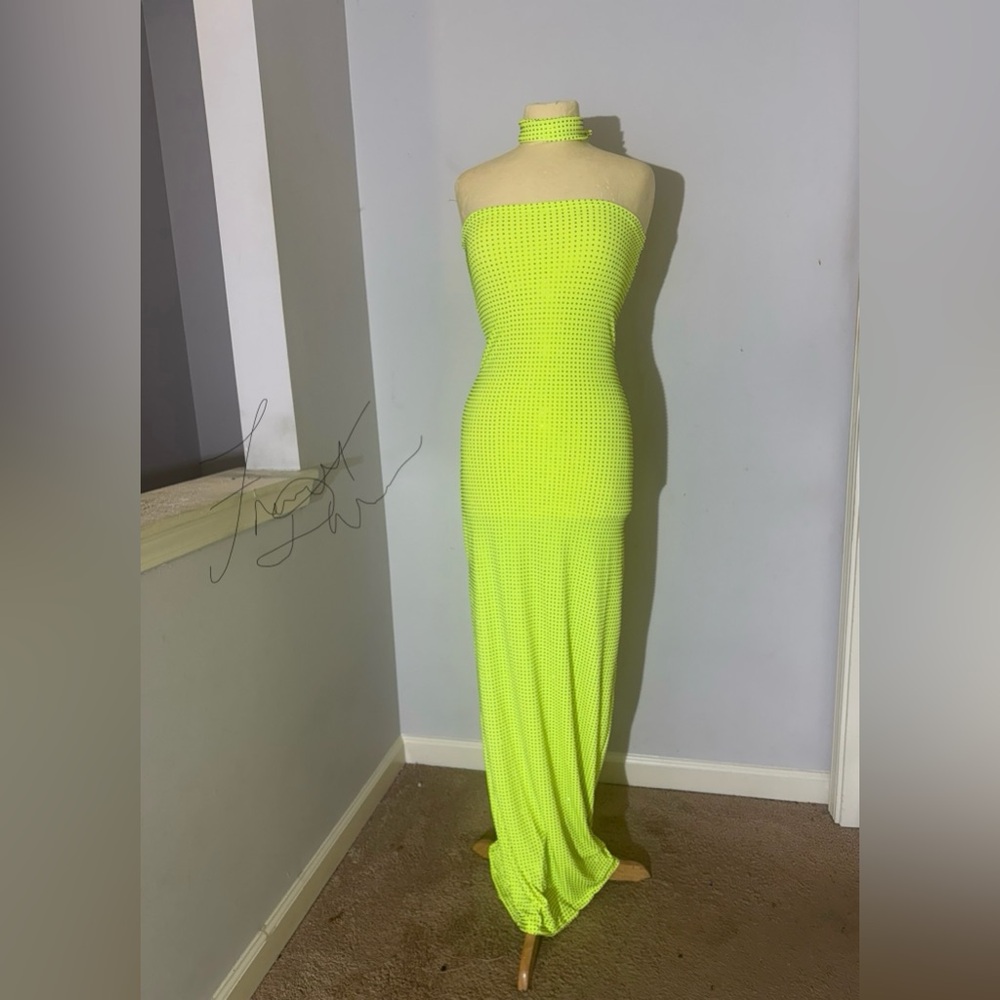 Neon Yellow Strapless highlighter gown HANDMADE rhinestone dress with choker L